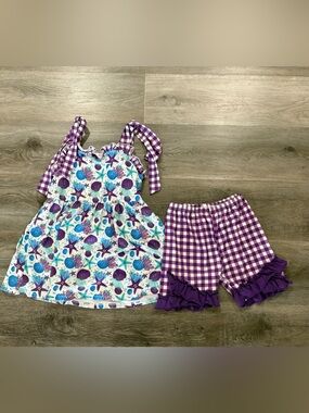 Purple Gingham & Sea Shells Girls Two-Piece Outfit